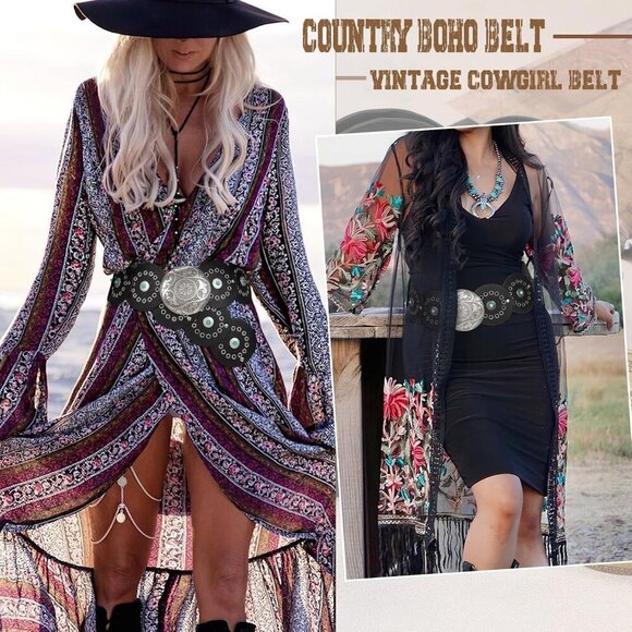 Woman\'s Western PU Leather Belts Concho Disc Wide Waist Belt Black Silver Buckle main image 4